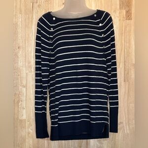 Motherhood Maternity Women's Size Large Navy Blue Striped Button Detail Sweater